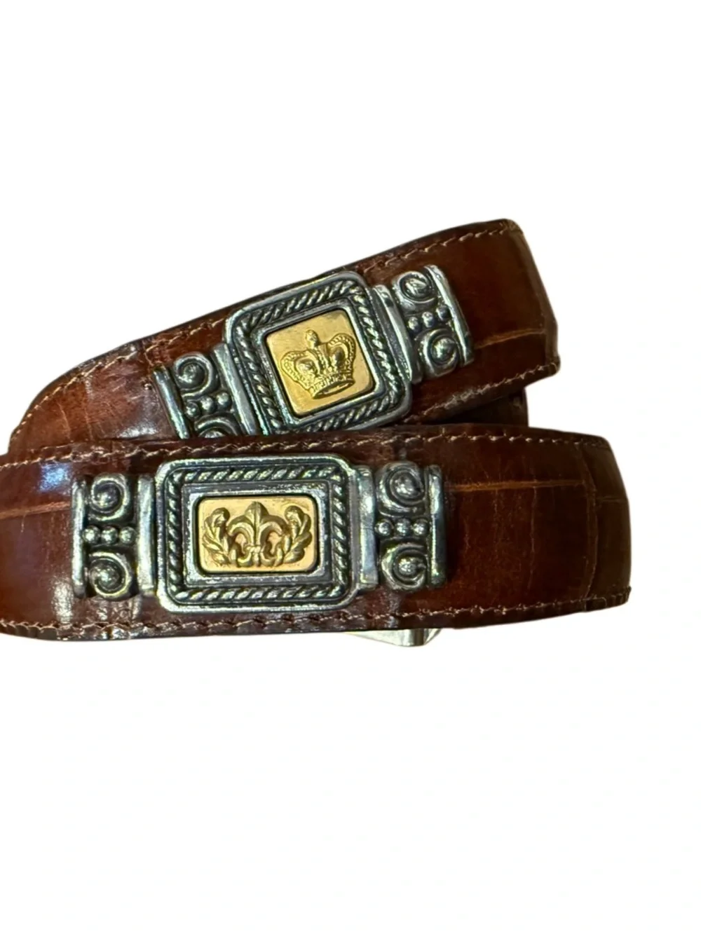 90s Vintage Brighton Museum Croc Embossed Leather Coins Brass Belt Size Medium